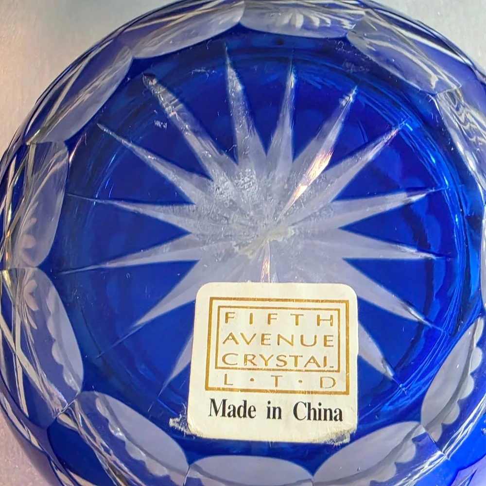 Fifth Avenue Crystal Cobalt Blue Cut to Clear Votive Holder Mini Floral Vase